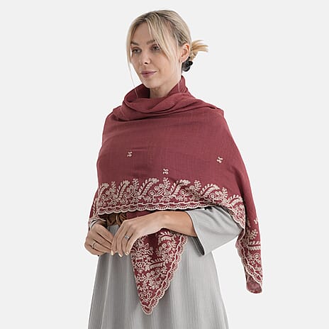 La Marey Embroidery Cotton Blend Scarf (130 x 130cm) - Burgundy