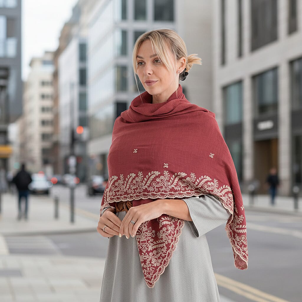 La Marey Embroidery Cotton Blend Scarf (130 x 130cm) - Burgundy