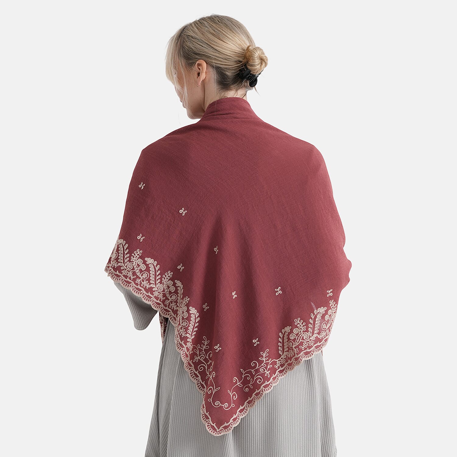 La Marey Embroidery Cotton Blend Scarf (130 x 130cm) - Burgundy
