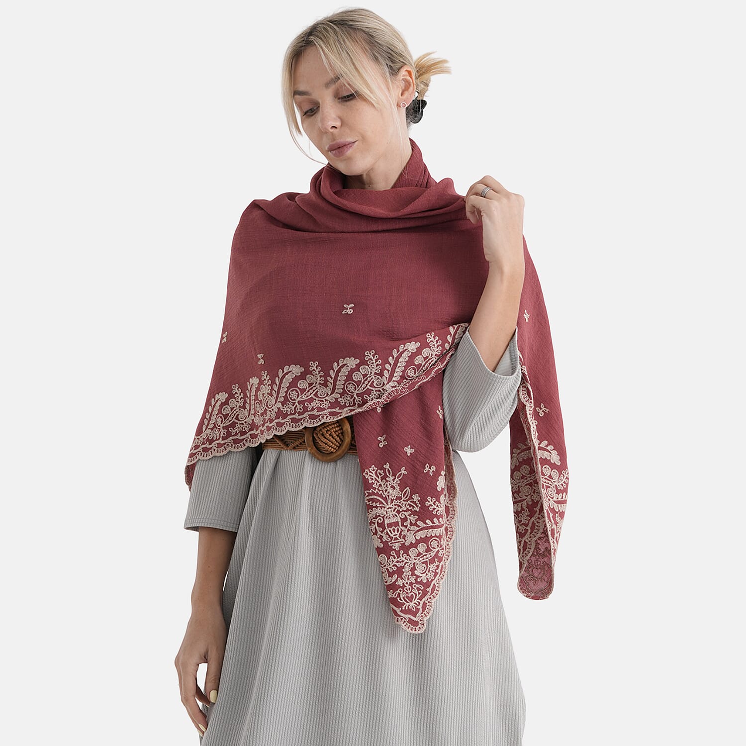 La Marey Embroidery Cotton Blend Scarf (130 x 130cm) - Burgundy