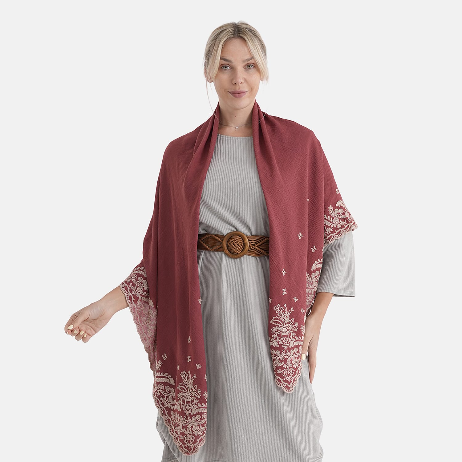 La Marey Embroidery Cotton Blend Scarf (130 x 130cm) - Burgundy