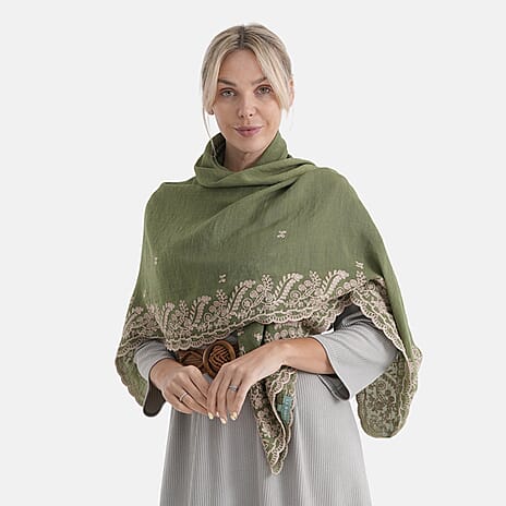 La Marey Embroidery Cotton Blend Scarf (130 x 130cm) - Green