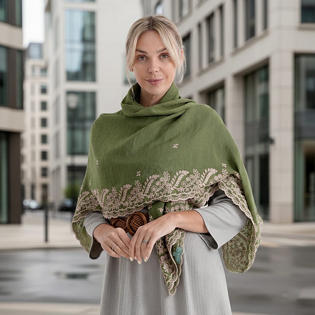 La Marey Embroidery Cotton Blend Scarf (130 x 130cm) - Green