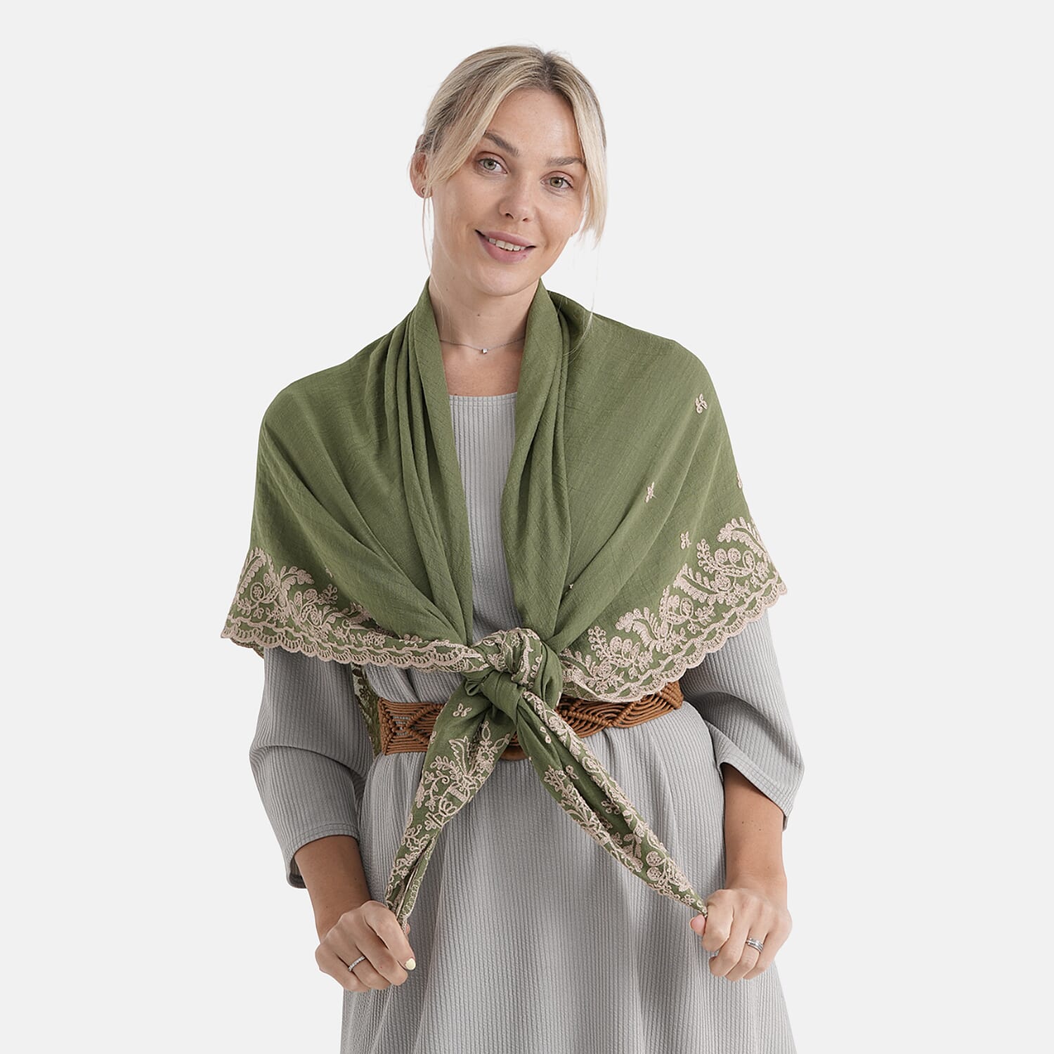La Marey Embroidery Cotton Blend Scarf (130 x 130cm) - Green