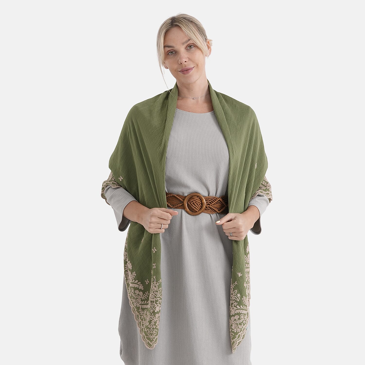La Marey Embroidery Cotton Blend Scarf (130 x 130cm) - Green