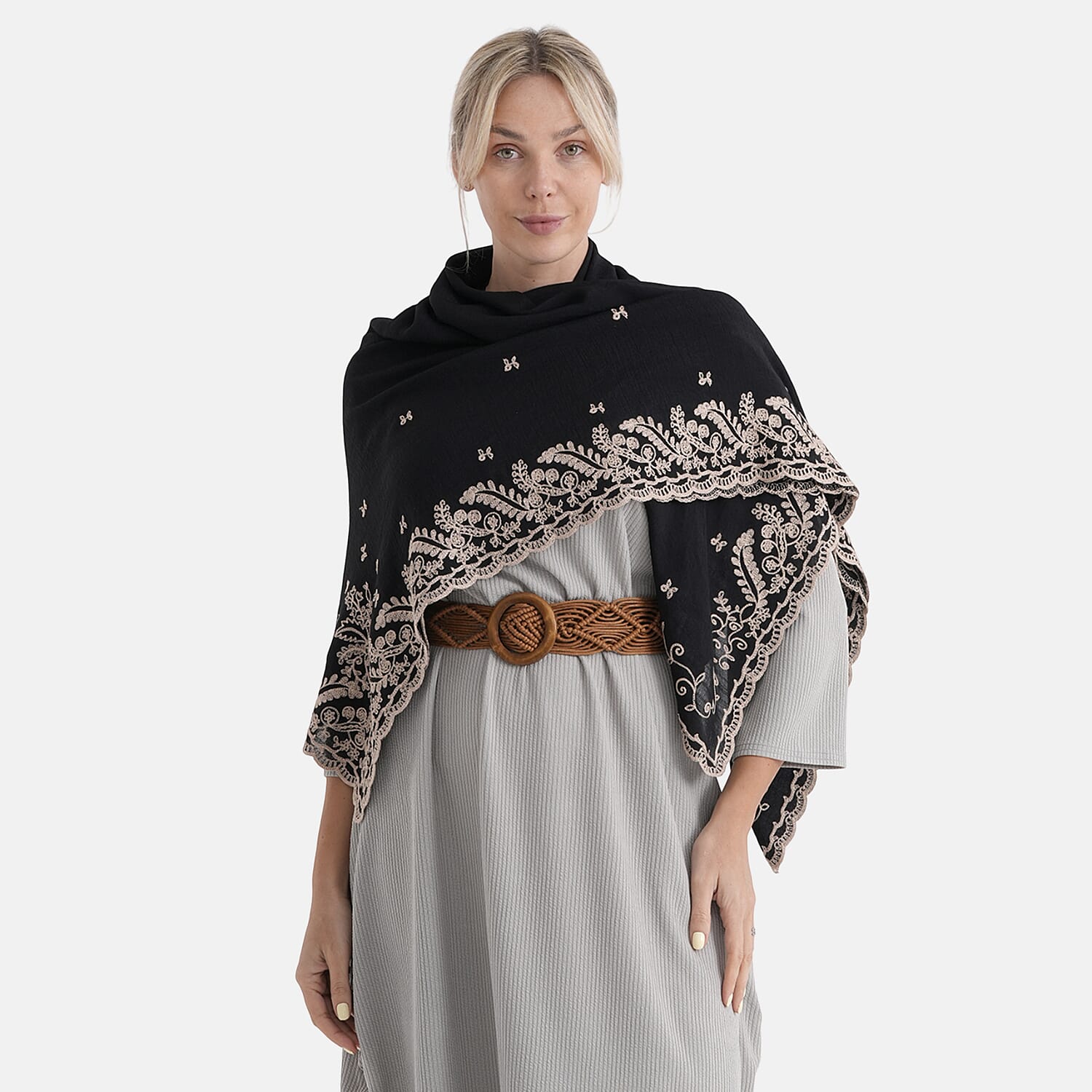 La Marey Embroidery Cotton Blend Scarf (130 x 130cm) - Black