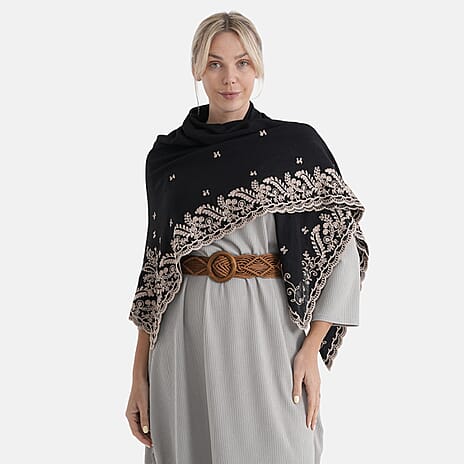 La Marey Embroidery Cotton Blend Scarf (130 x 130cm) - Black