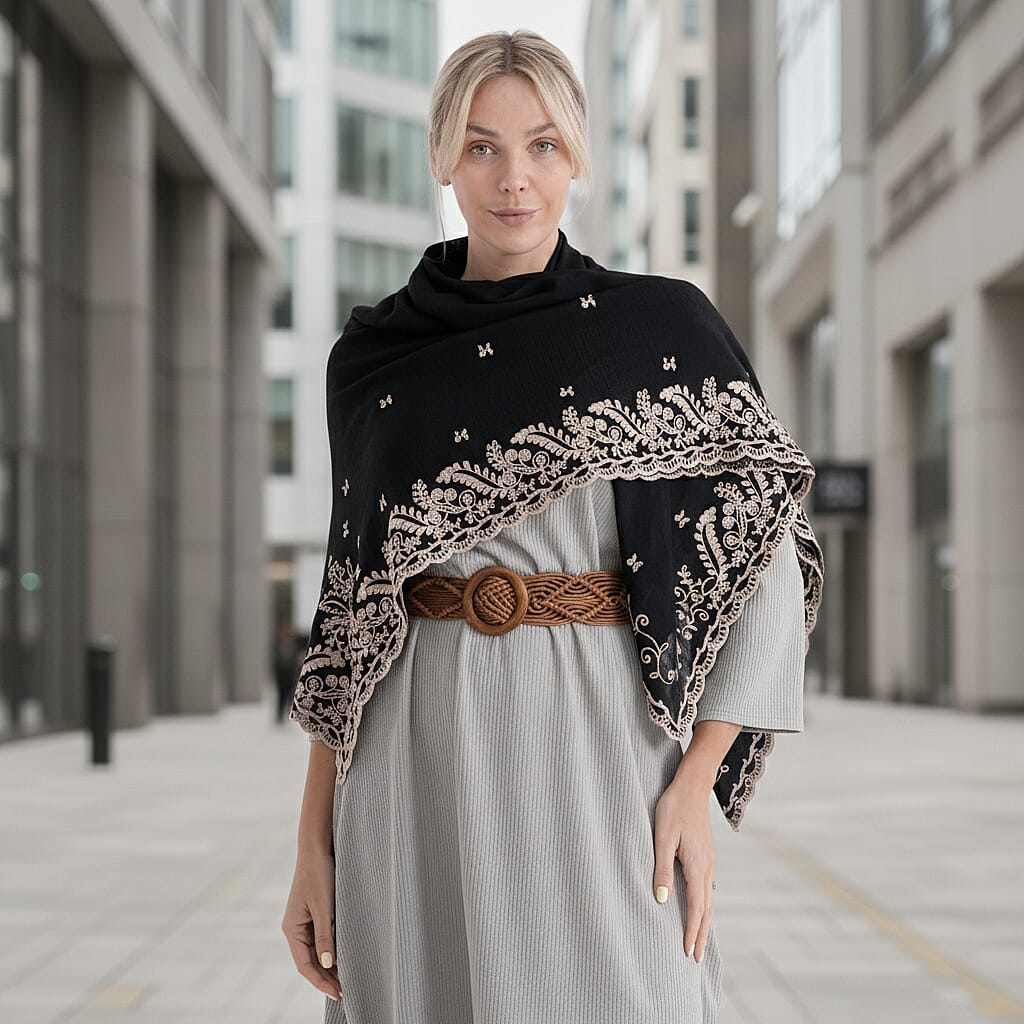 La Marey Embroidery Cotton Blend Scarf (130 x 130cm) - Black