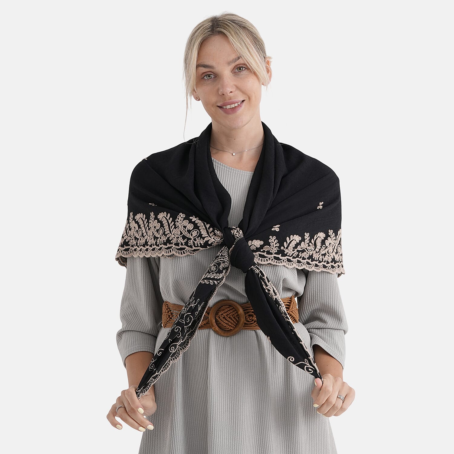 La Marey Embroidery Cotton Blend Scarf (130 x 130cm) - Black