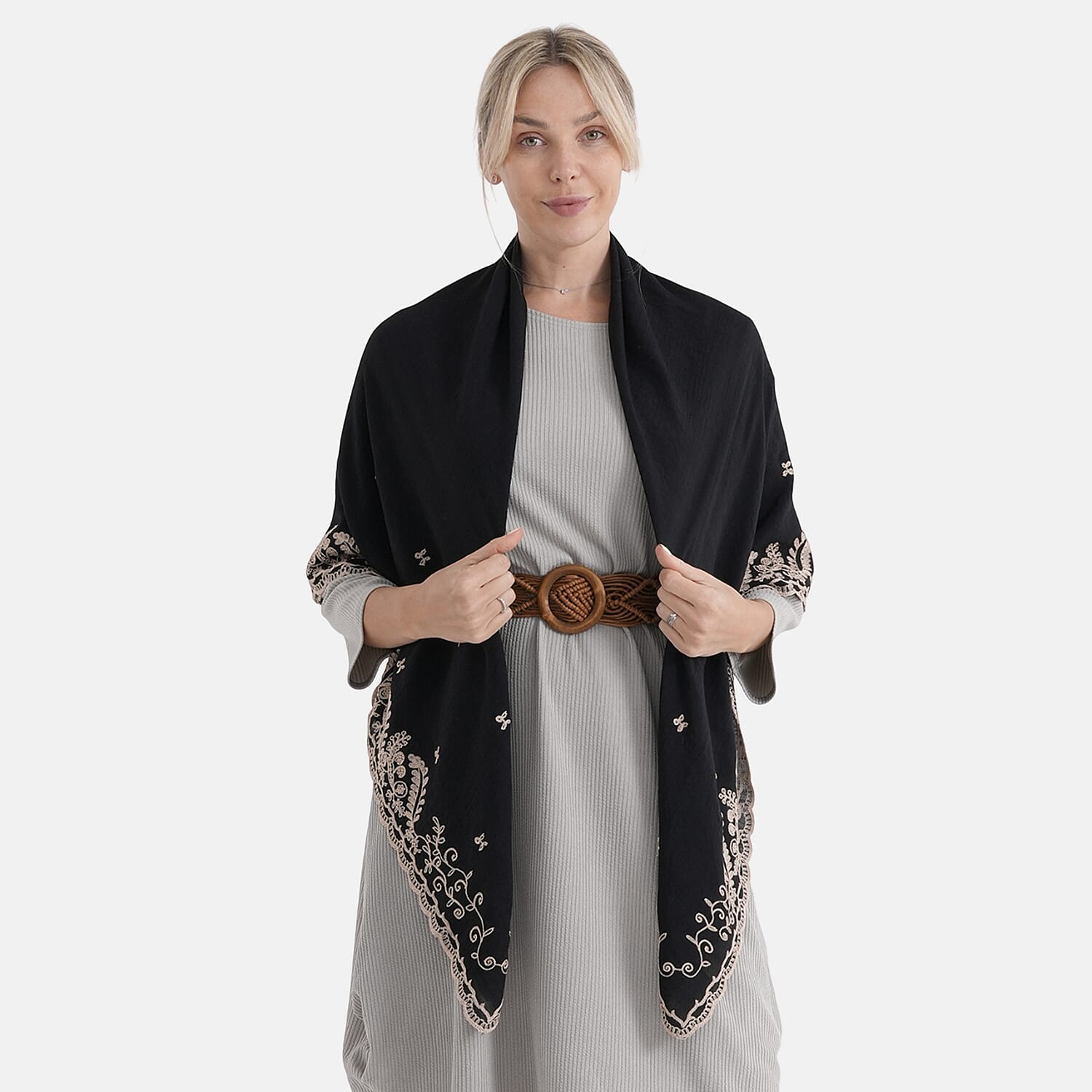 La Marey Embroidery Cotton Blend Scarf (130 x 130cm) - Black