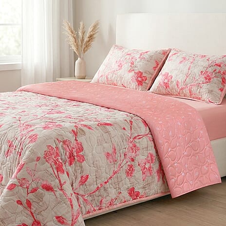 Set of 4 - Hush Haven Floral Print Bedding Set - Includes Quilt, Fitted Sheet and 2 Pillowcases (Size - Double) - Pink - Beige