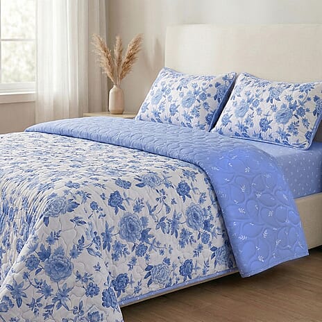 Set of 4 - Hush Haven Floral Print Reversible Bedding Set - Includes Quilt, Fitted Sheet and 2 Pillowcases (Size - Double) - Blue - White