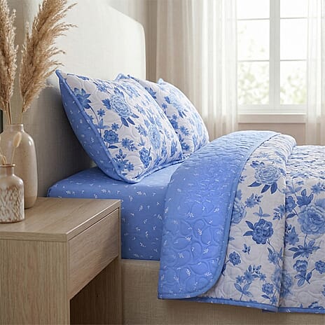 Set of 4 - Hush Haven Floral Print Reversible Bedding Set - Includes Quilt, Fitted Sheet and 2 Pillowcases (Size - Double) - Blue - White
