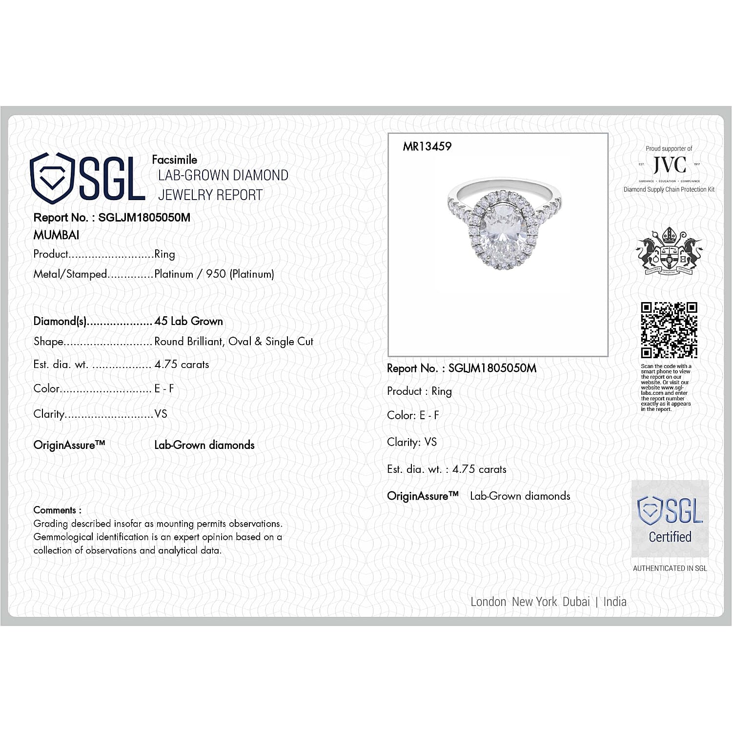 Luxuriant 950 Platinum SGL Certified (VS-EF) Lab Grown Diamond Oval Cut Halo Ring 4.75 Ct, Platinum Wt. 7.12 Gms