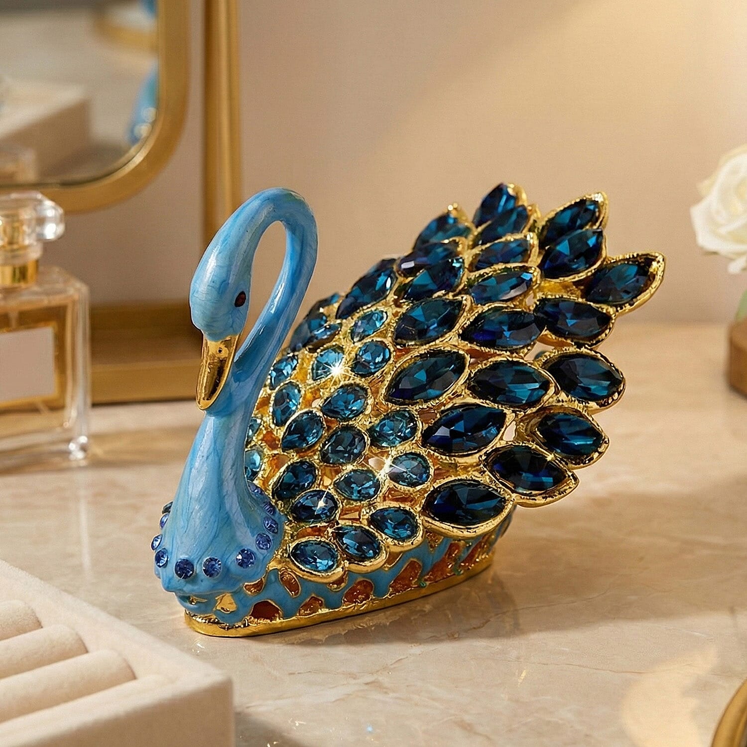 Livmore Swan Crystal Trinket Storage Box- Light Blue