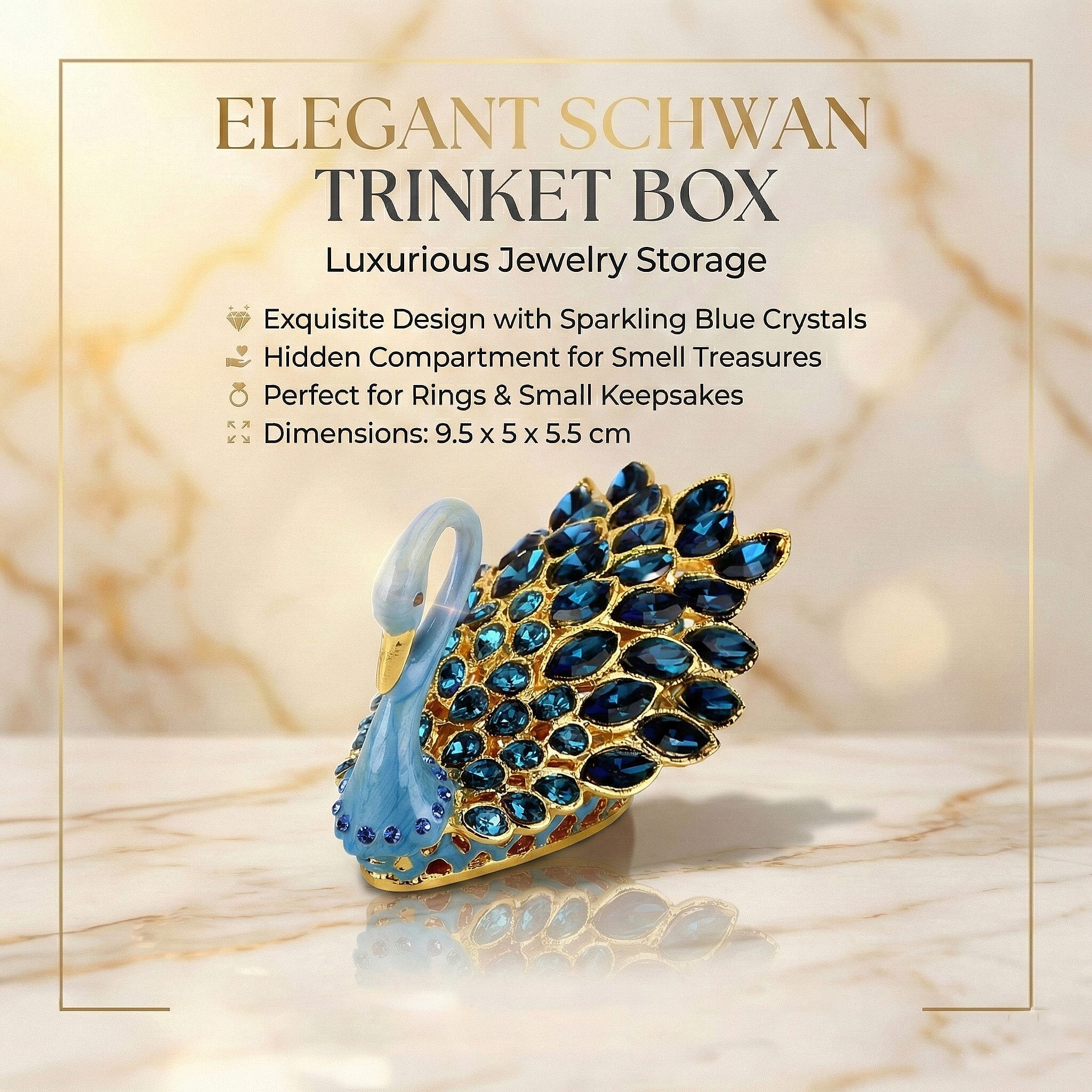 Livmore Swan Crystal Trinket Storage Box- Light Blue