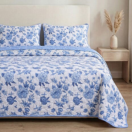 Set of 4 - Hush Haven Floral Print Reversible Bedding Set - Includes Quilt, Fitted Sheet and 2 Pillowcases (Size - King) - Blue - White