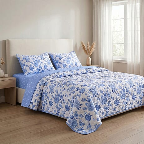 Set of 4 - Hush Haven Floral Print Reversible Bedding Set - Includes Quilt, Fitted Sheet and 2 Pillowcases (Size - King) - Blue - White