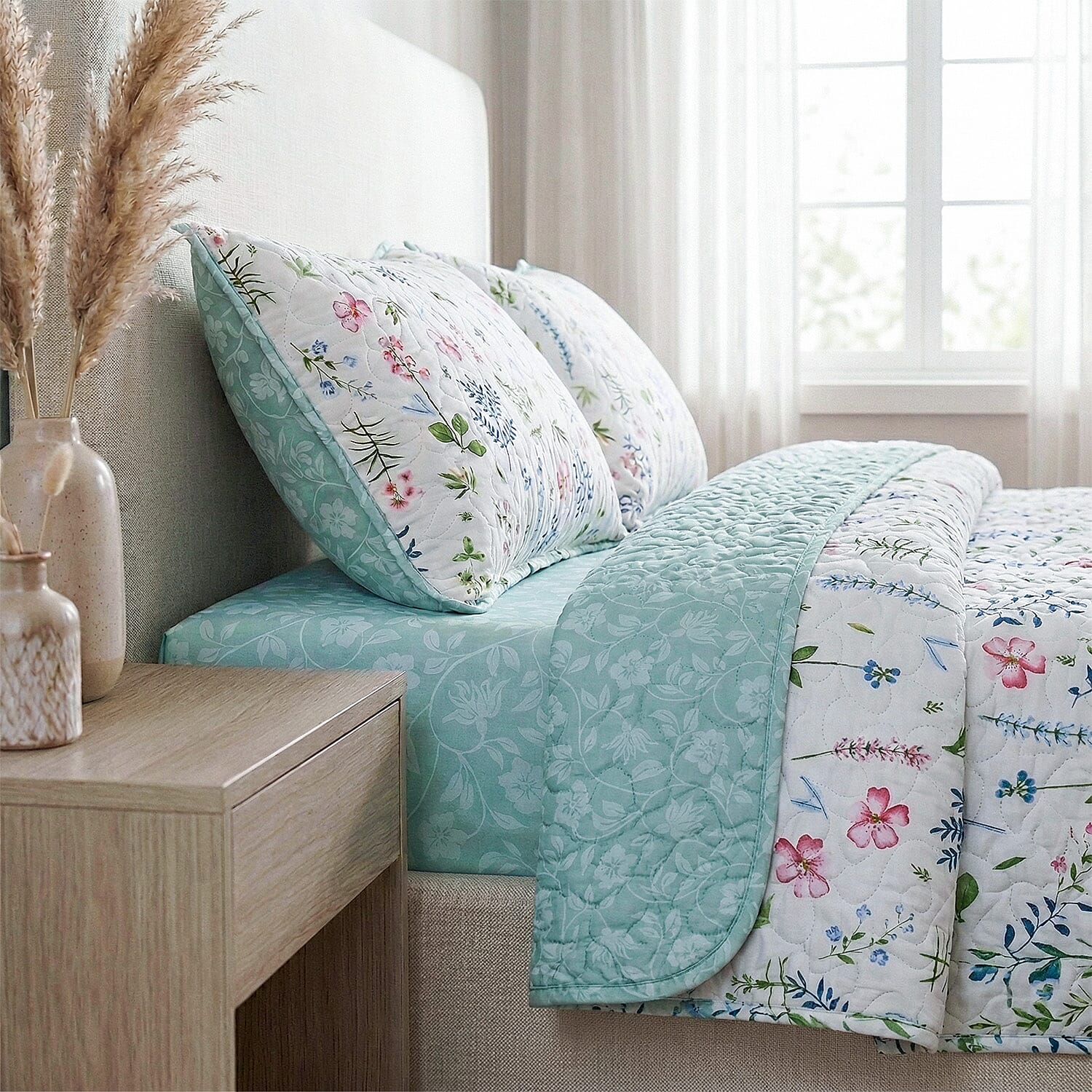 Hush Haven Floral Pinsonic Bedding Set &ndash; 4 Piece Quilt Set with Fitted Sheet & Pillowcases