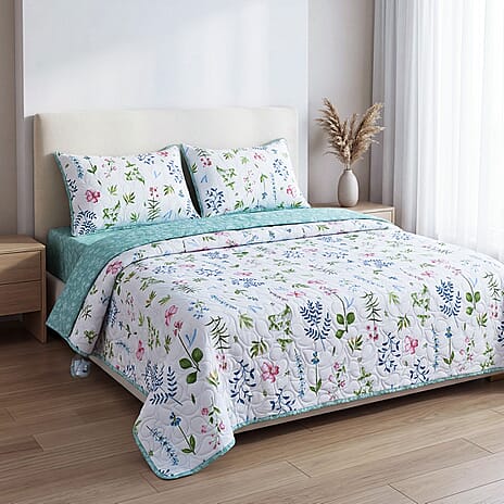 Set of 4 - Hush Haven Pinsonic Print Reversible Bedding Set - Includes Quilt, Fitted Sheet and 2 Pillowcases (Size - Double) - Multicolour