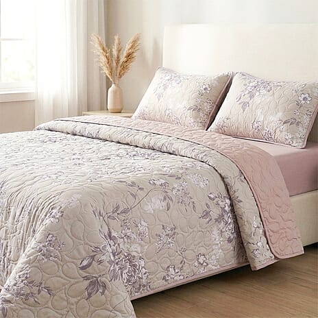 Set of 4 - Hush Haven Pinsonic Printed Reversible Bedding Set - Includes Quilt, Fitted Sheet and 2 Pillowcases (King) - Beige - Grey