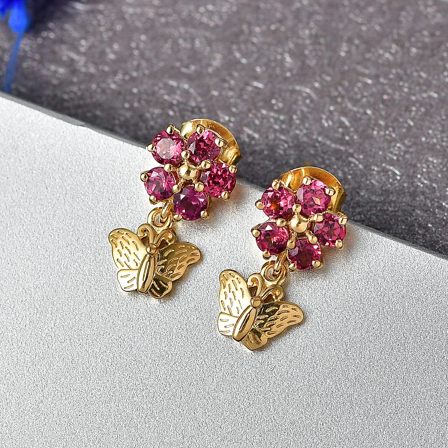 D'Joy Rhodolite Garnet Dangling Earring in Yellow Gold Plated Sterling Silver 1.60 Ct.