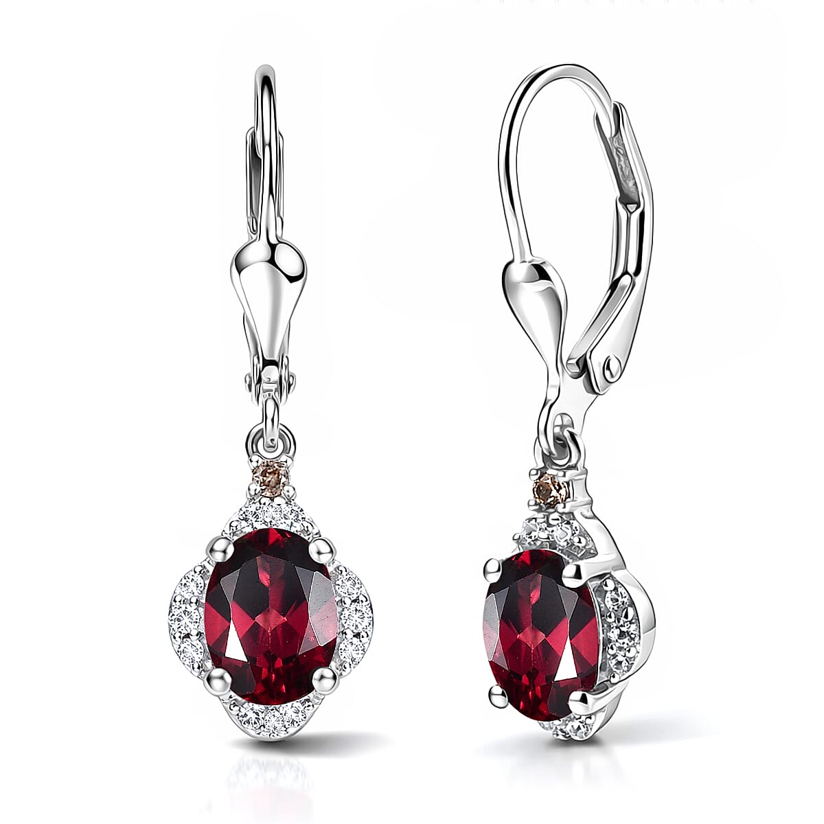 D'Joy Rhodolite Garnet, White Zircon, Chocolate Zircon Solitaire Lever Back Earring in Platinum OverlaySterling Silver  2.388  Ct.