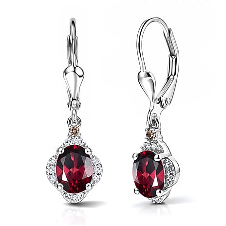 D'Joy Rhodolite Garnet, White Zircon, Chocolate Zircon Solitaire Lever Back Earring in Platinum OverlaySterling Silver  2.388  Ct.