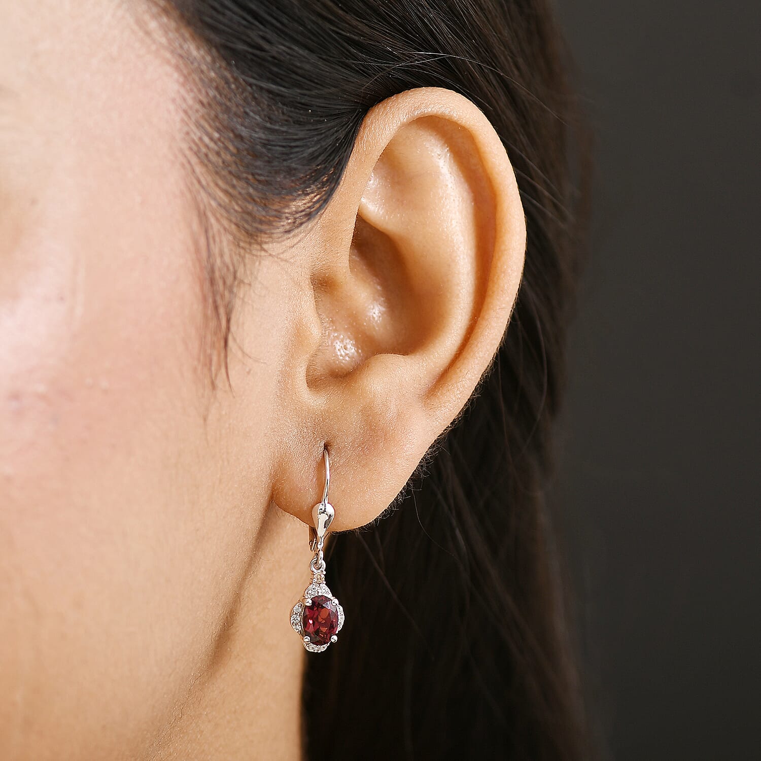 D'Joy Rhodolite Garnet, White Zircon, Chocolate Zircon Solitaire Lever Back Earring in Platinum OverlaySterling Silver  2.388  Ct.