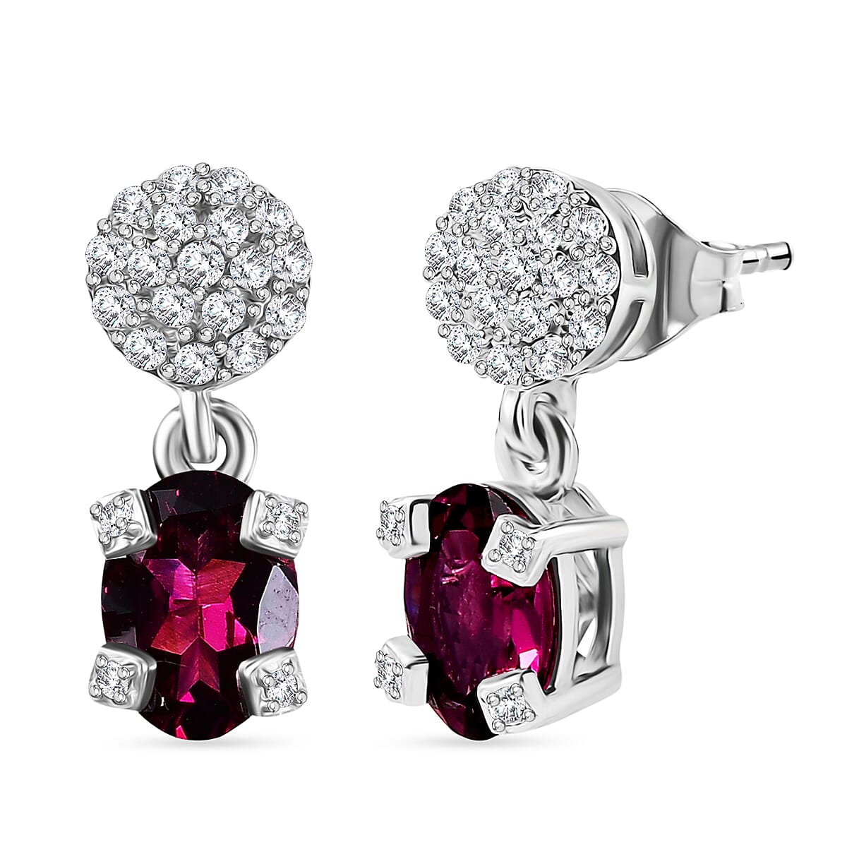 D'Joy Rhodolite Garnet, White Zircon Dangling Earring in Platinum OverlaySterling Silver  2.514  Ct.