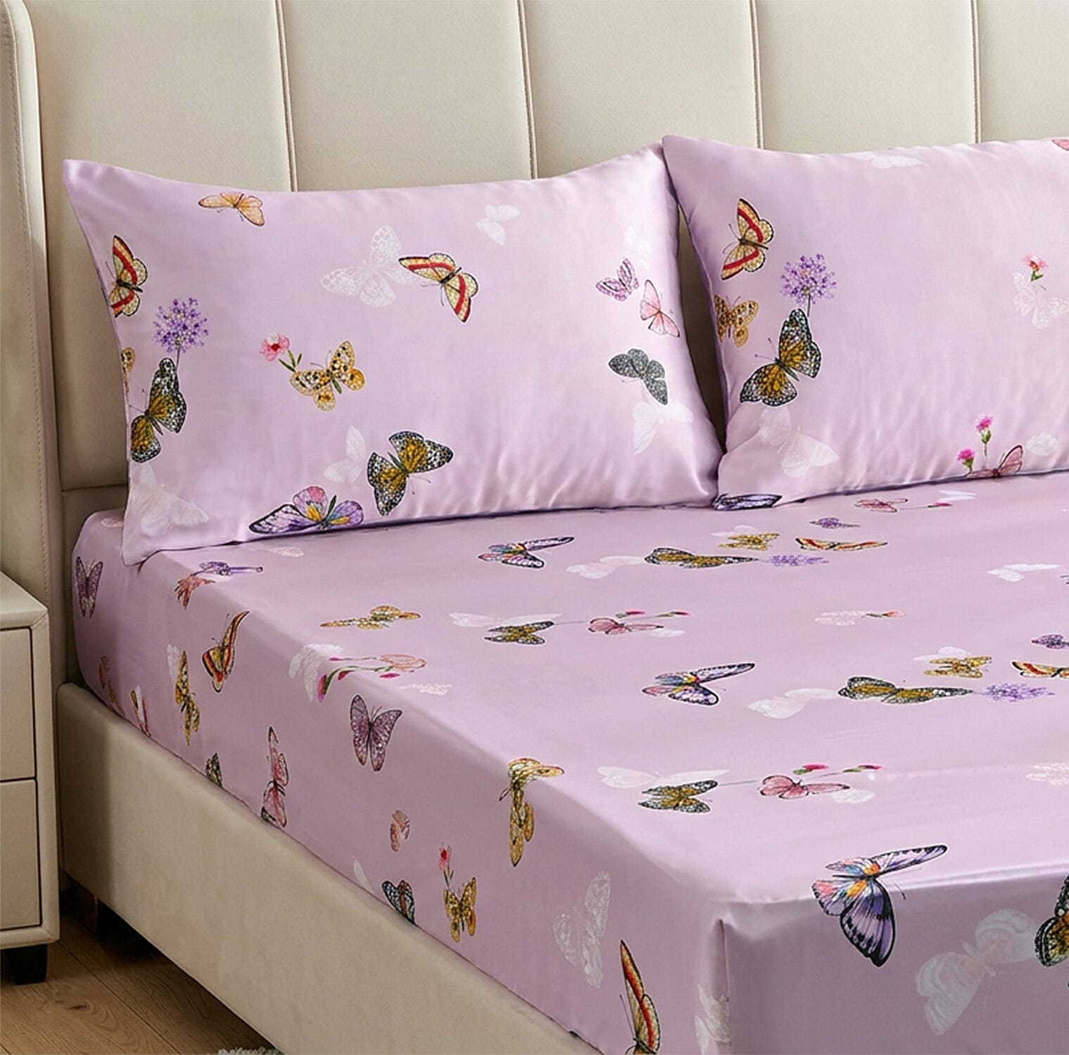 LA Marey Signature Set of 3 100% Mulberry Silk Fitted Sheets & 2 MOP Button Pillowcases (190 x 135 cm)- Pink