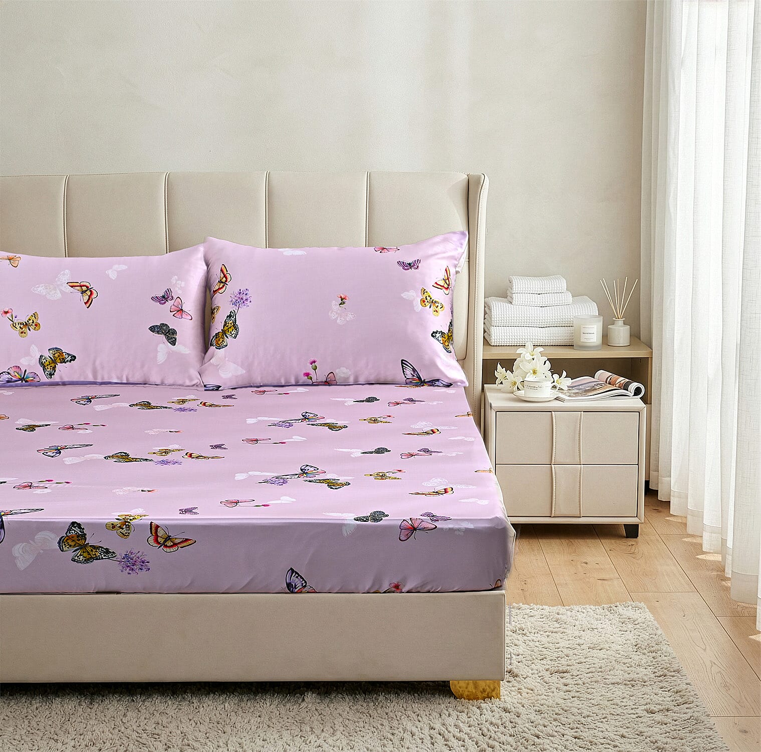 LA Marey Signature Set of 3 100% Mulberry Silk Fitted Sheets & 2 MOP Button Pillowcases (190 x 135 cm)- Pink