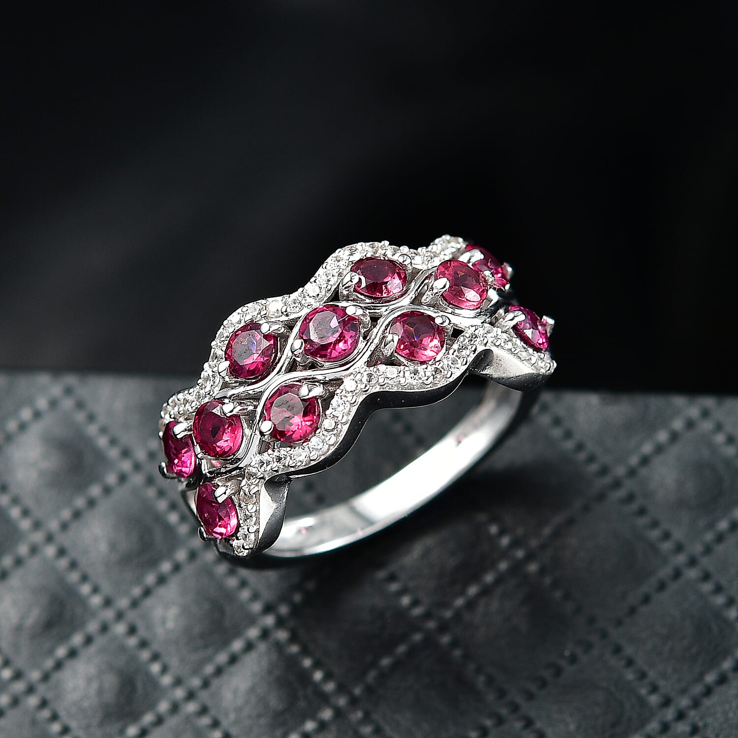 D'Joy Rhodolite Garnet & White Zircon Stackable Ring in Platinum Overlay Sterling Silver 2.19 Ct.