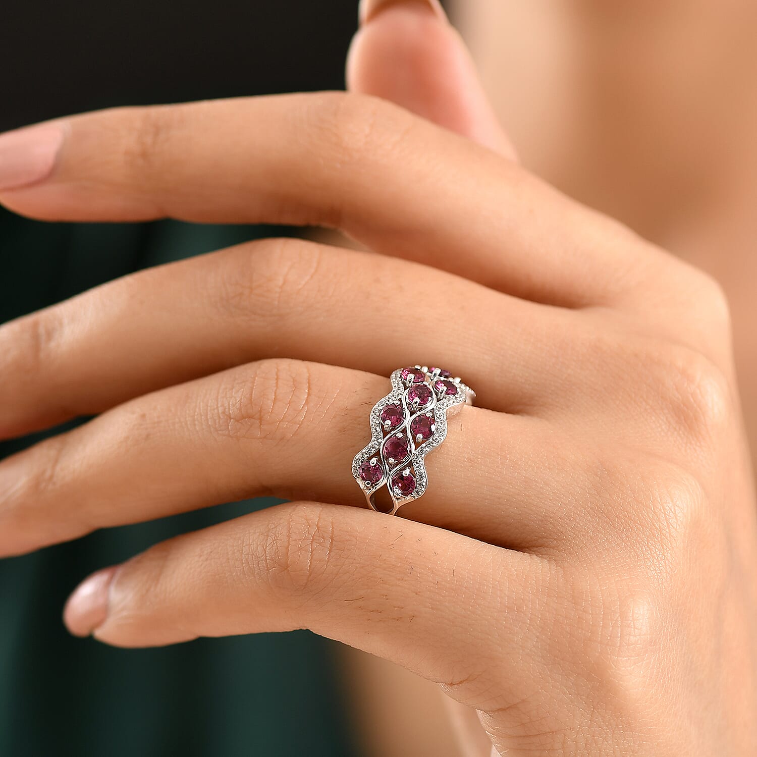 D'Joy Rhodolite Garnet & White Zircon Stackable Ring in Platinum Overlay Sterling Silver 2.19 Ct.