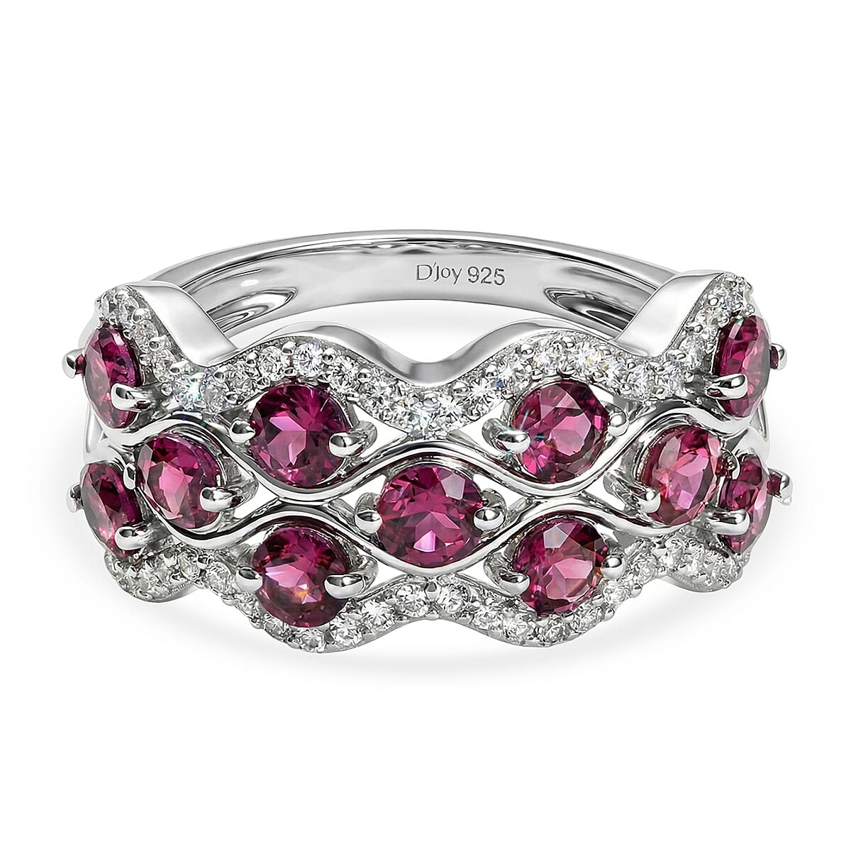 D'Joy Rhodolite Garnet, White Zircon Stackable Wave Ring in Platinum Overlay Sterling Silver 2.19 Ct.