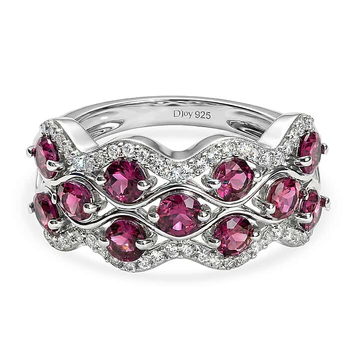 D'Joy Rhodolite Garnet, White Zircon Stackable Wave Ring in Platinum Overlay Sterling Silver 2.19 Ct.
