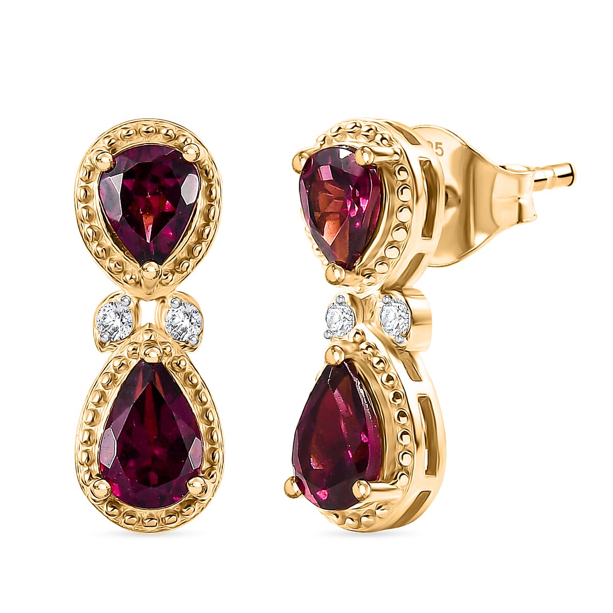 D'Joy Rhodolite Garnet, White Zircon 2 Stone Push Post Earring in 18K YG PlatingSterling Silver  1.828  Ct.