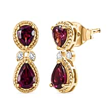 D'Joy Orissa Natural Rhodolite Garnet & White Zircon 2 Stone Push Post Earring in Yellow Gold Plated Sterling Silver 1.83 Ct.