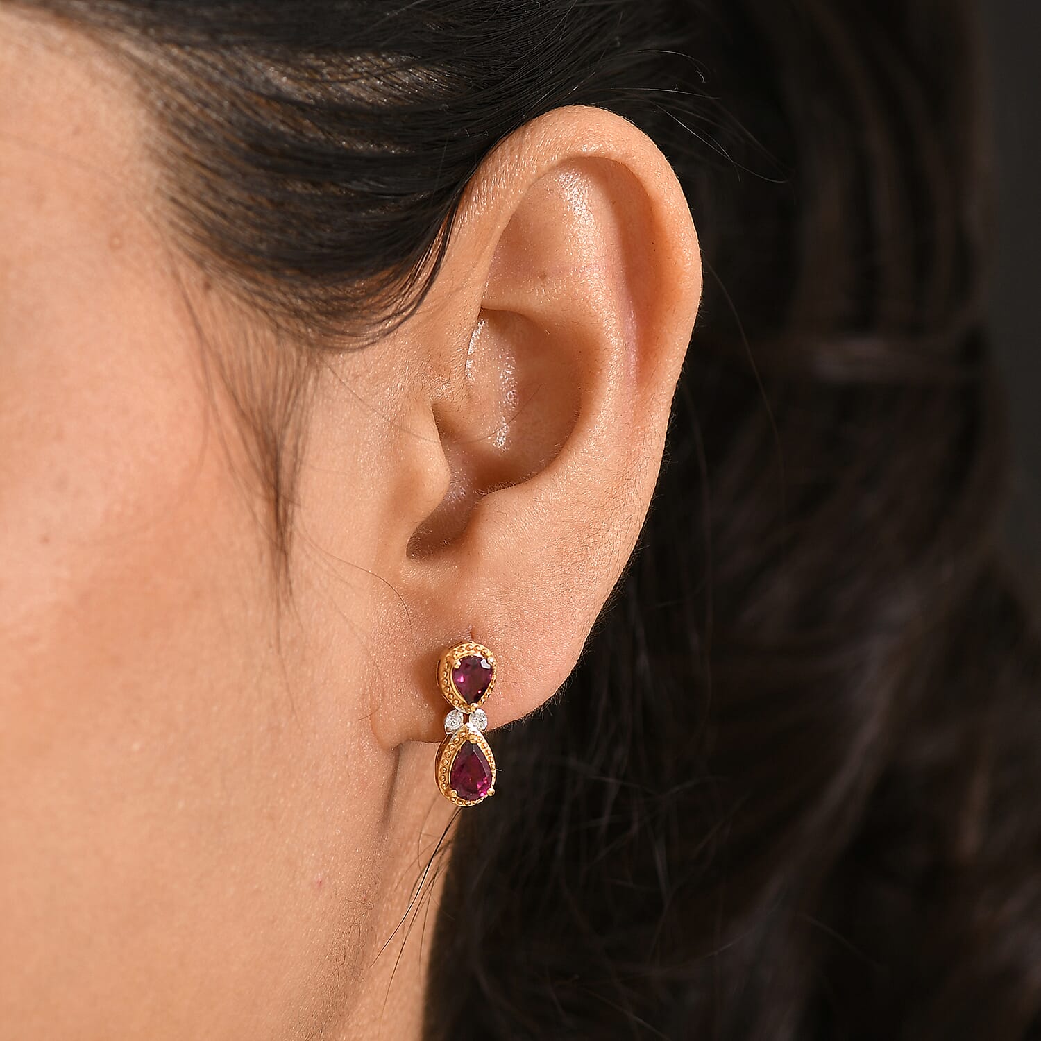 D'Joy Rhodolite Garnet, White Zircon 2 Stone Push Post Earring in 18K YG PlatingSterling Silver  1.828  Ct.