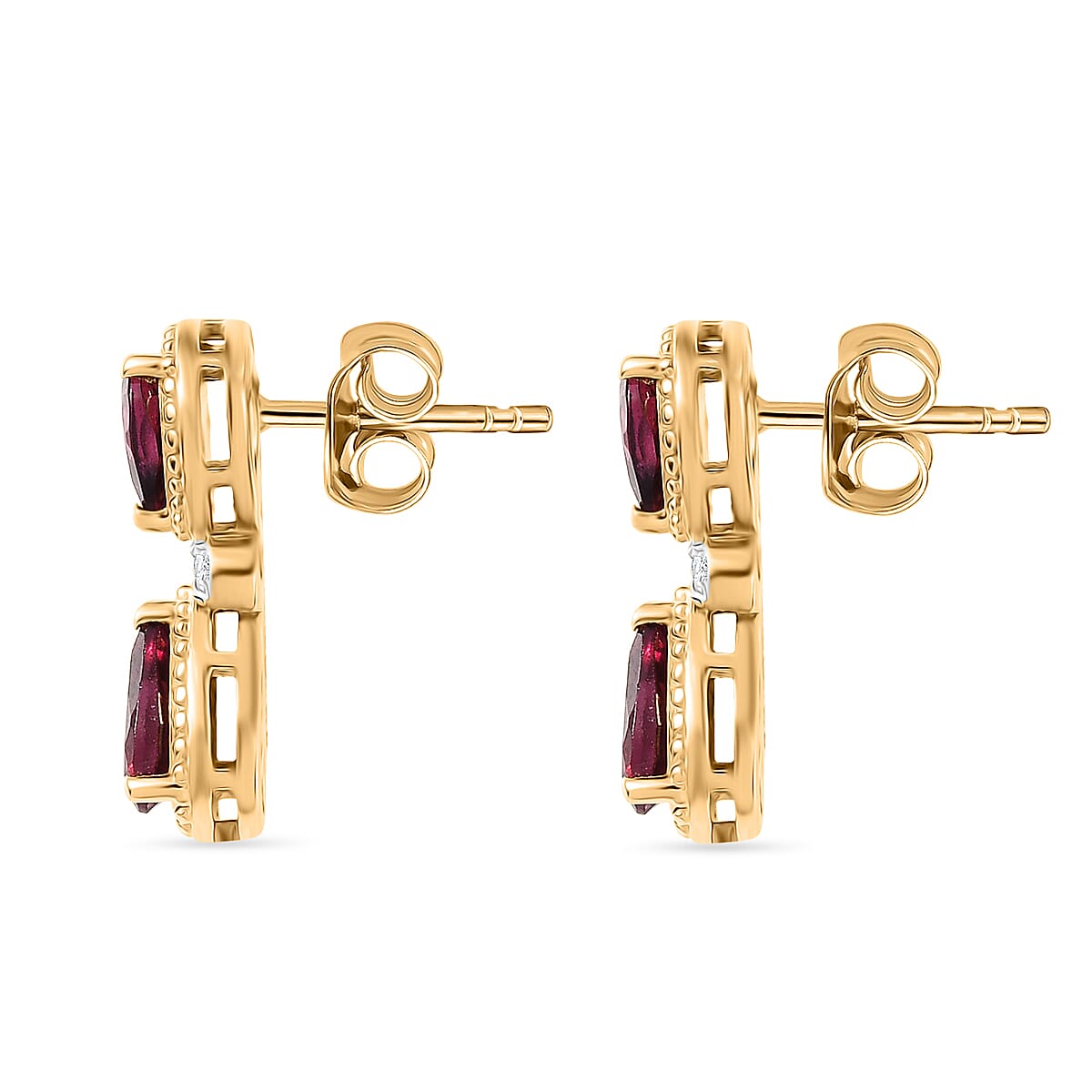 D'Joy Rhodolite Garnet, White Zircon 2 Stone Push Post Earring in 18K YG PlatingSterling Silver  1.828  Ct.