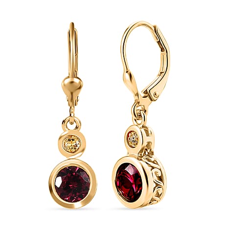 D'Joy Rhodolite Garnet, Citrine Solitaire Lever Back Earring in 18K YG PlatingSterling Silver  2.404  Ct.