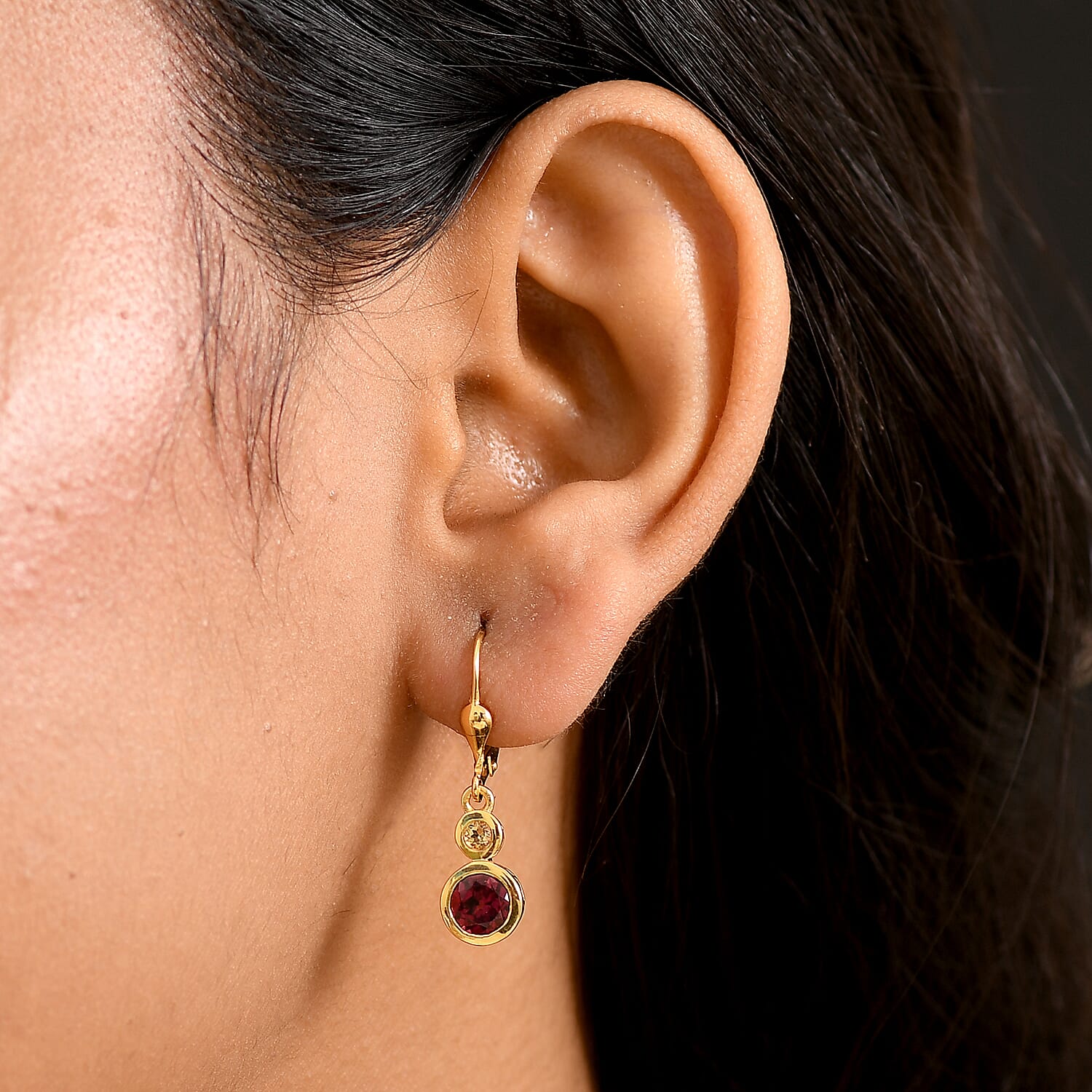 D'Joy Rhodolite Garnet, Citrine Solitaire Lever Back Earring in 18K YG PlatingSterling Silver  2.404  Ct.