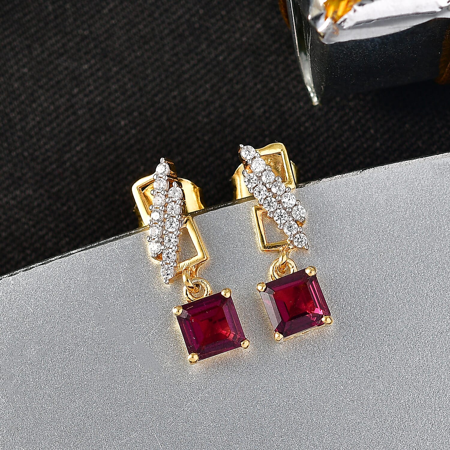 D'Joy Rhodolite Garnet, White Zircon Dangling Earring in 18K YG PlatingSterling Silver  1.848  Ct.