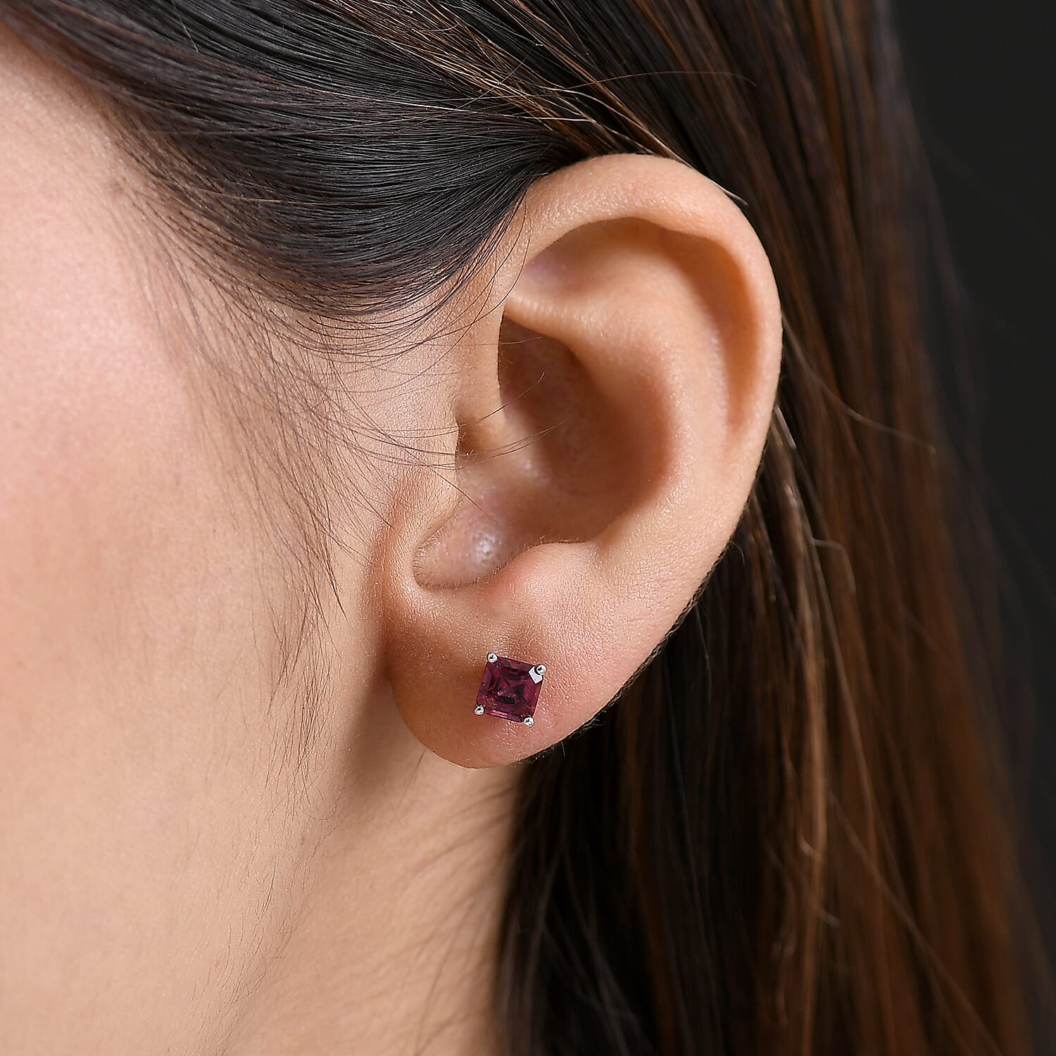 D'Joy Rhodolite Garnet Solitaire Earring with Push Back in Platinum Overlay Sterling Silver 1.69 Ct.