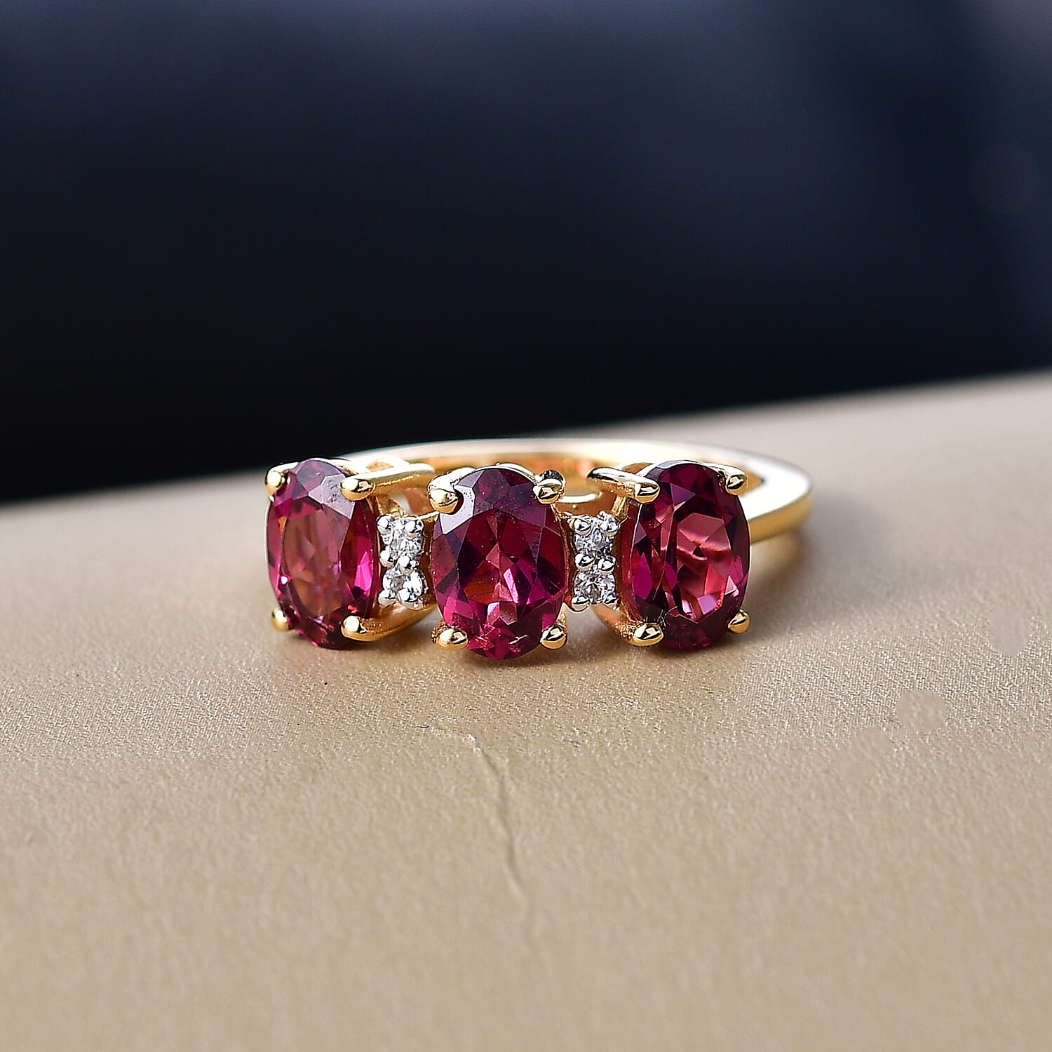 D'Joy Rhodolite Garnet & White Zircon 3 Stone Ring in 18K Vermeil Yellow Gold Plated Sterling Silver 3.35 Ct.