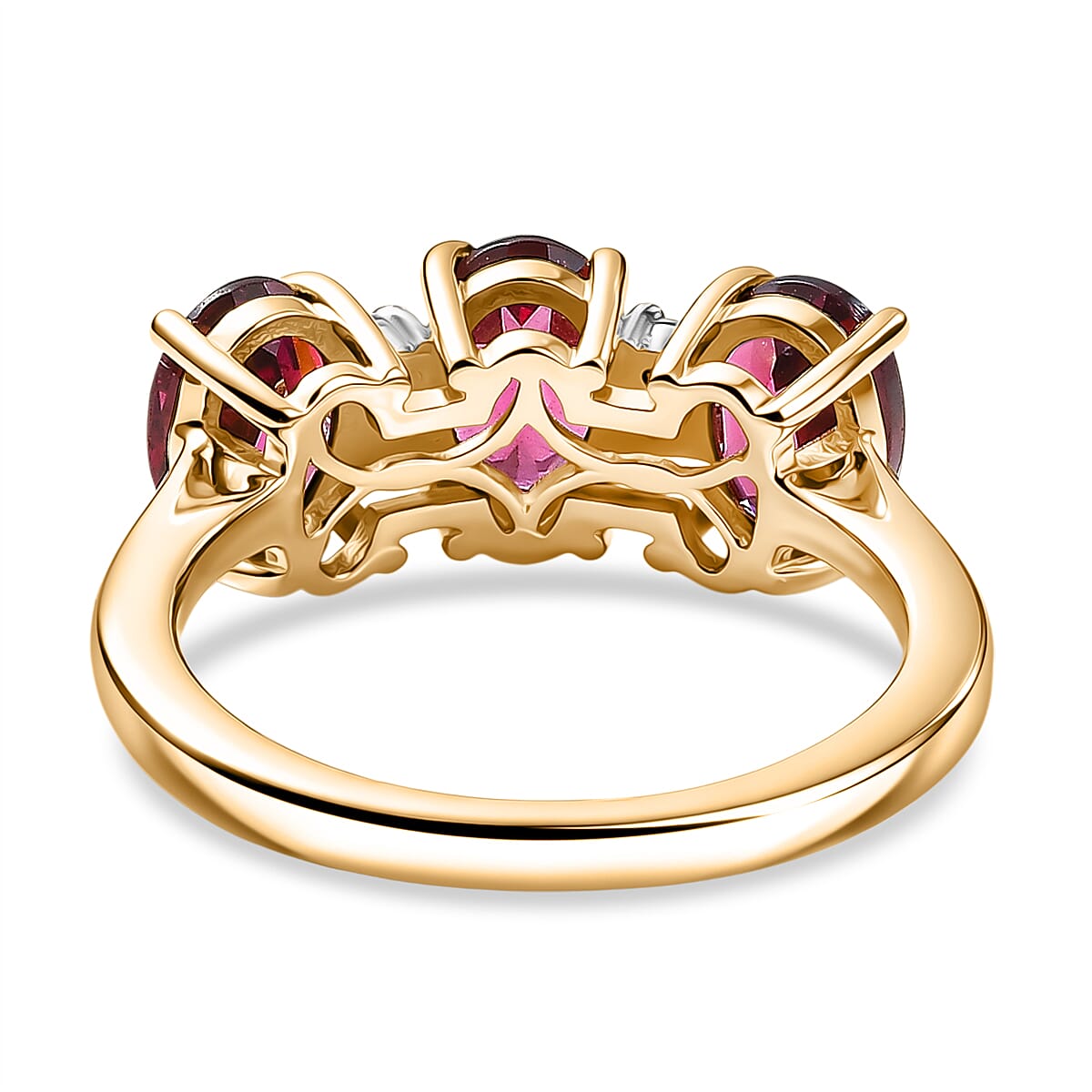 D'Joy Rhodolite Garnet & White Zircon 3 Stone Ring in 18K Vermeil Yellow Gold Plated Sterling Silver 3.35 Ct.