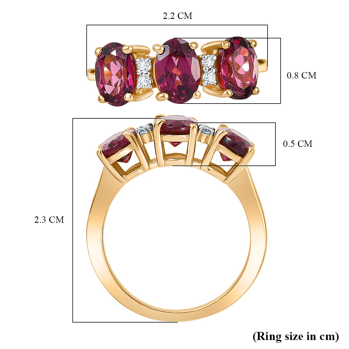 D'Joy Rhodolite Garnet & White Zircon 3 Stone Ring in 18K Vermeil Yellow Gold Plated Sterling Silver 3.35 Ct.