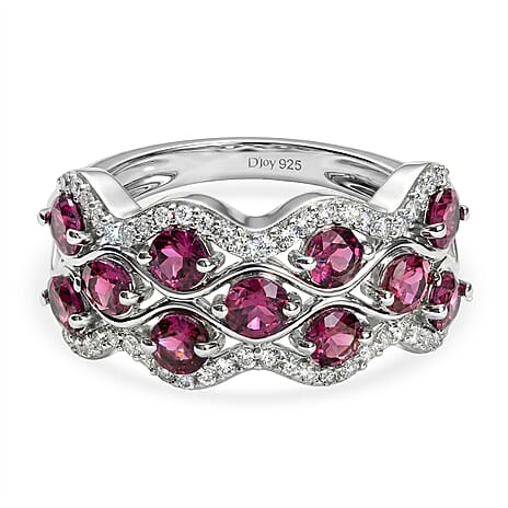 D'Joy Rhodolite Garnet, White Zircon Stackable Ring in Platinum OverlaySterling Silver  2.192  Ct.