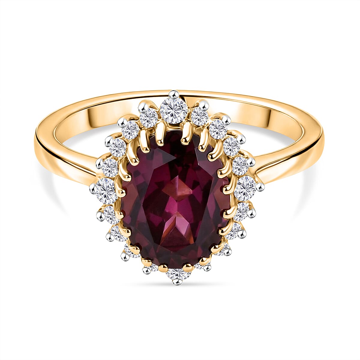 D'Joy Rhodolite Garnet & White Zircon Halo Ring in 18K Vermeil Yellow Gold Plated Sterling Silver 3 Ct.