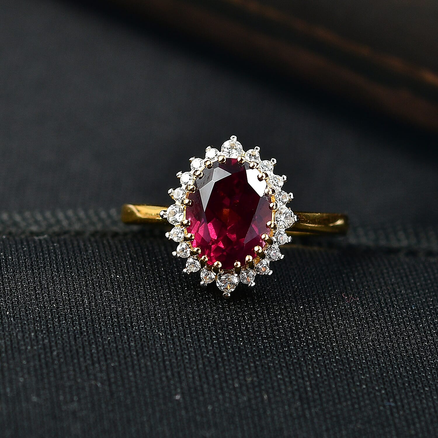 D'Joy Rhodolite Garnet & White Zircon Halo Ring in 18K Vermeil Yellow Gold Plated Sterling Silver 3 Ct.